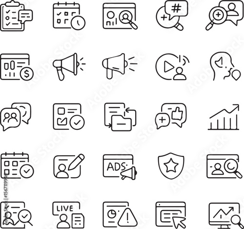 Collection of modern outline icons representing business analytics marketing strategy project management and user engagement concepts for digital platforms