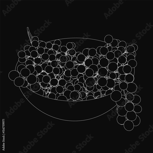 A bowl brimming with plump white grapes arranged in a circular pattern against a stark black background. The overlapping grapes create texture and depth, emphasizing their fresh and juicy appearance.