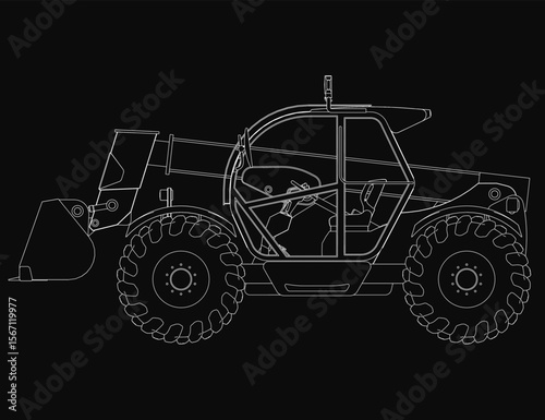 A detailed 3D model of a skid steer loader excavator on a black background, featuring intricate blueprint lines and realistic curves. The design emphasizes mechanical precision with clean edges