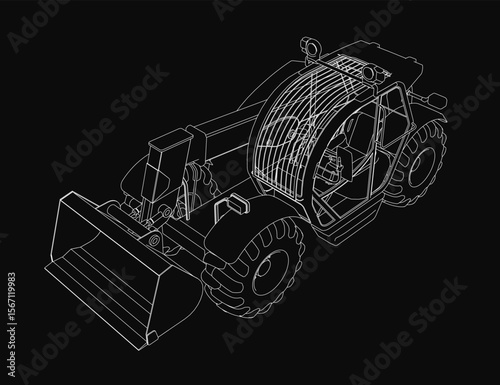 A detailed 3D model of a skid steer loader excavator on a black background, showcasing intricate blueprint lines and realistic curves. The design highlights mechanical precision with clean edges.