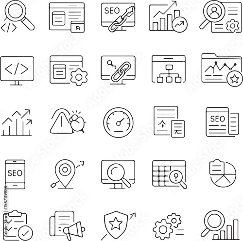 Collection of outline icons representing search engine optimization analytics website development data analysis and business growth strategies