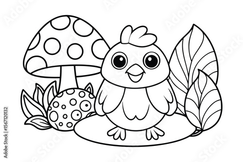 A happy chick sitting safely under a mushroom shade for kids coloring book vector illustration.