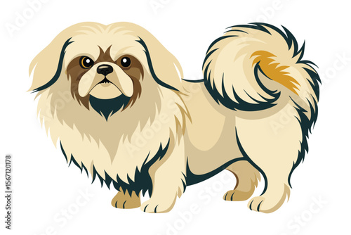 Charming Pekingese Dog Illustration with Fluffy Cream Fur and Curled Tail A Delightful Depiction of a Beloved Breed