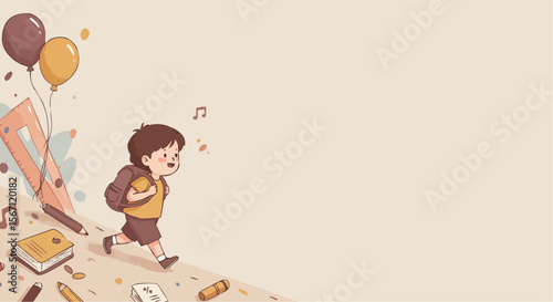 Child Walking with Backpack on Empty Background Vector