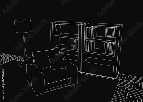A black and white sketch of a cozy living room features a plush chair with a pillow, a stylish lamp, and a bookcase filled with books. The wooden floor adds warmth to the minimalist interior.