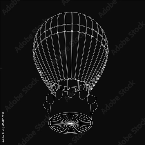 A black and white hot air balloon stands out vividly against a dark background, its bright colors drawing attention. The balloon is centrally positioned.