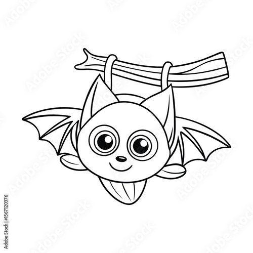 A little bat hanging upside down on a branch at night for kids coloring book vector illustration.