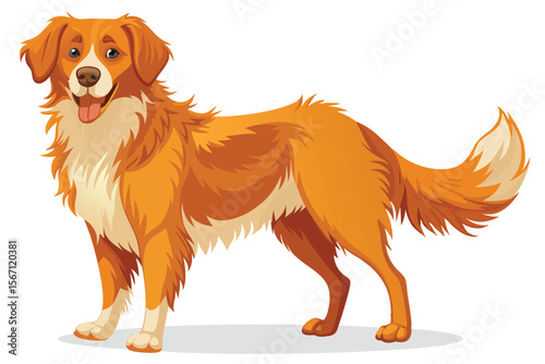 Delightful Cartoon Dog with Amber Fur and a Cheerful Expression, Standing Sideways on a White Background in a Vector Style