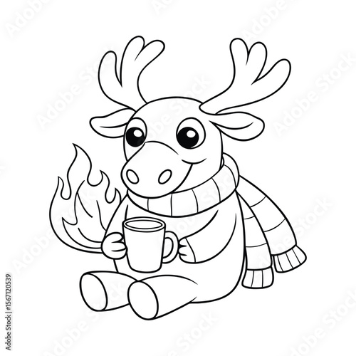 A moose sipping hot cocoa beside a campfire in woods for kids coloring book vector illustration.