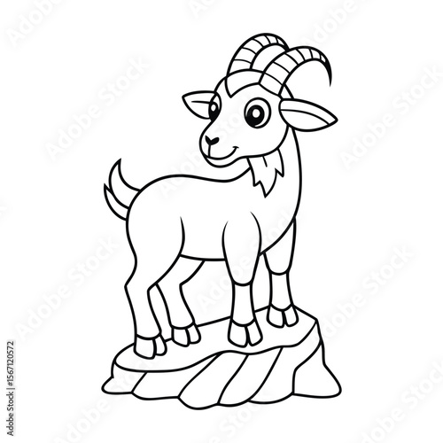 A mountain goat standing proudly on a rocky cliff edge for kids coloring book vector illustration.