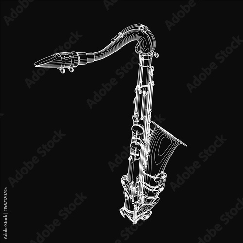 Saxophone sketched in black and white stands out against a dark background, showcasing elegant curves and intricate details. The minimalist composition highlights the instrument's timeless appeal.