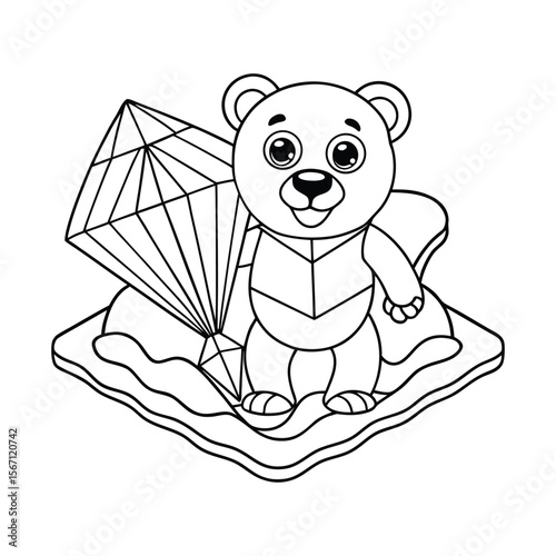 A polar bear flying a kite joyfully on an icy floe for kids coloring book vector illustration.