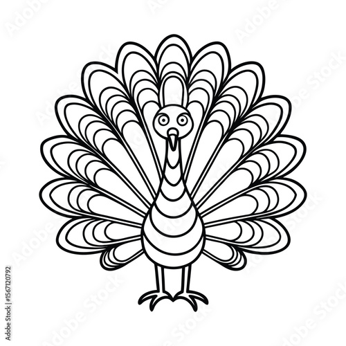 A peacock proudly showing its bright colorful feathers for kids coloring book vector illustration.