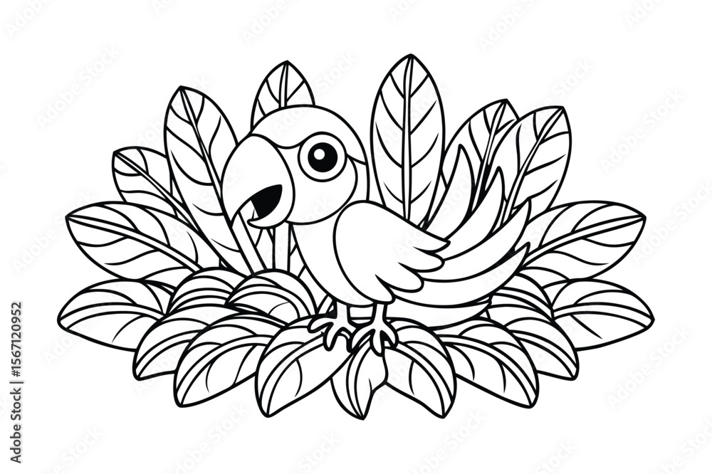 Naklejka premium A smiling parrot perched on a leafy tropical plant happily for kids coloring book vector illustration.