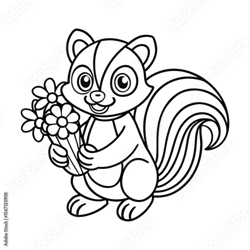 A skunk holding a bunch of beautiful wildflowers proudly for kids coloring book vector illustration.