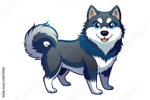 A Captivating Cartoon Siberian Husky with Striking Blue Eyes, Radiating Charm and Playfulness on a Clean White Background