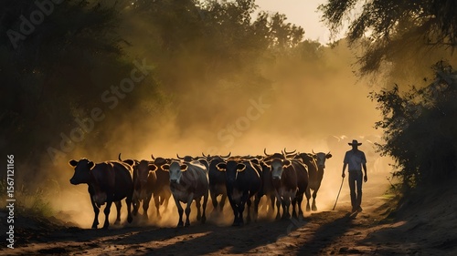  Daily cattle herding scene at dusk — silhouettes of cows and a herder walking down a dirt road 2