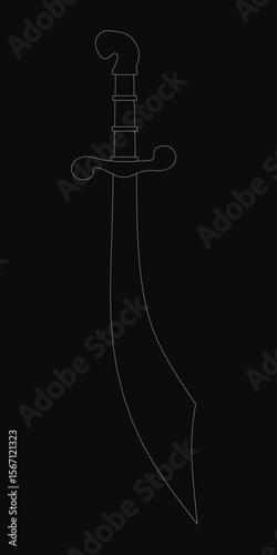 A black and white silhouette of a dagger with a long, curved blade and pointed tip. The hilt features a crossguard and a curved handle, creating a menacing contrast against the dark background.