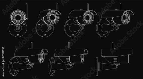 A set of CCTV cameras displayed on a black background features detailed blueprints highlighting surveillance components. The security cameras showcase lenses, mounting brackets.