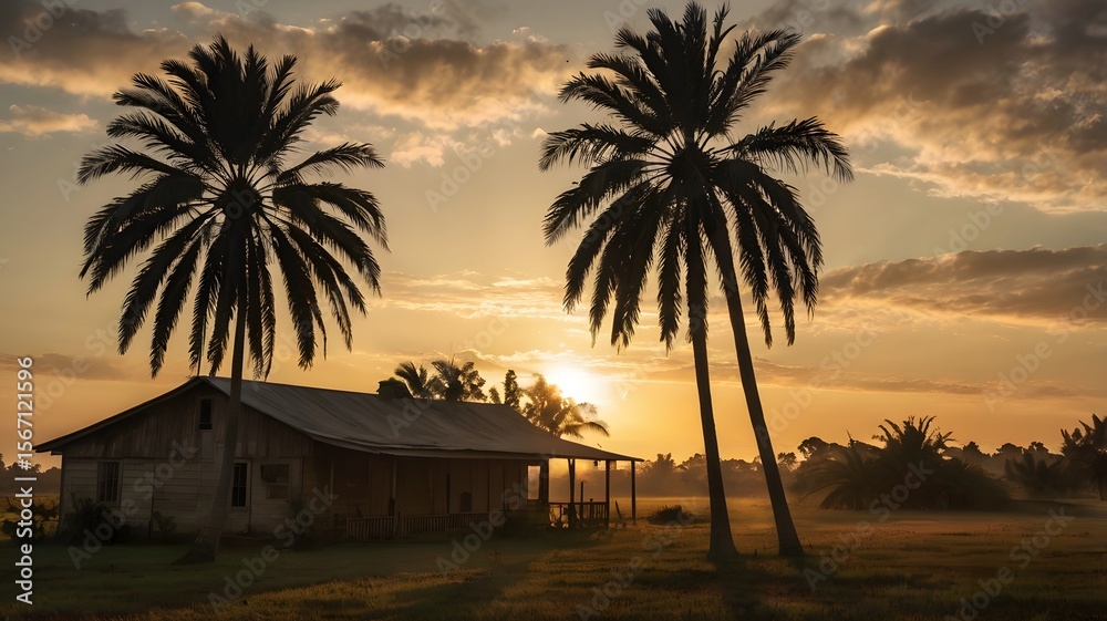 Sunrise behind palm trees in a rural homestead — early morning golden tones, silhouette shadows 2 Sunrise behind palm trees in a rural homestead — early morning golden tones, silhouette shadows 2