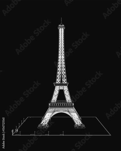 Eiffel Tower sketched in black and white stands out against a dark background, showcasing its intricate iron lattice structure. The iconic Paris landmark is rendered with fine details and elegant.