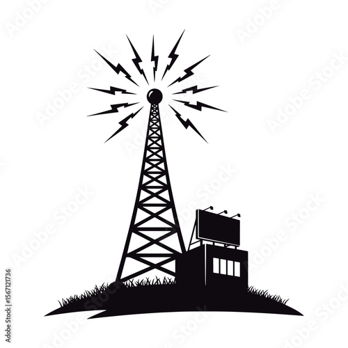 Radio Tower Broadcast Station Silhouette.
