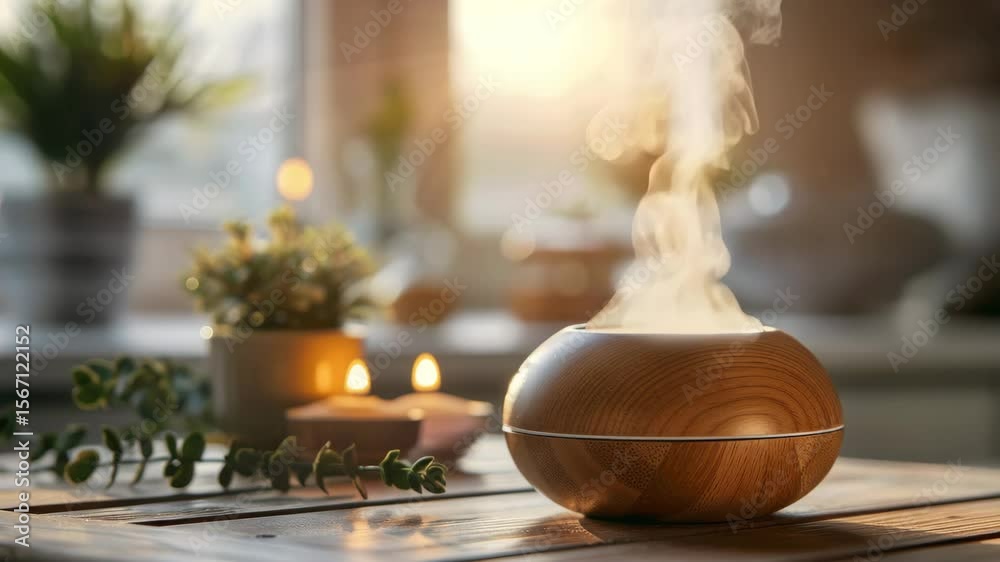 Creating a calming atmosphere with a wooden essential oil diffuser in a sunlit kitchen