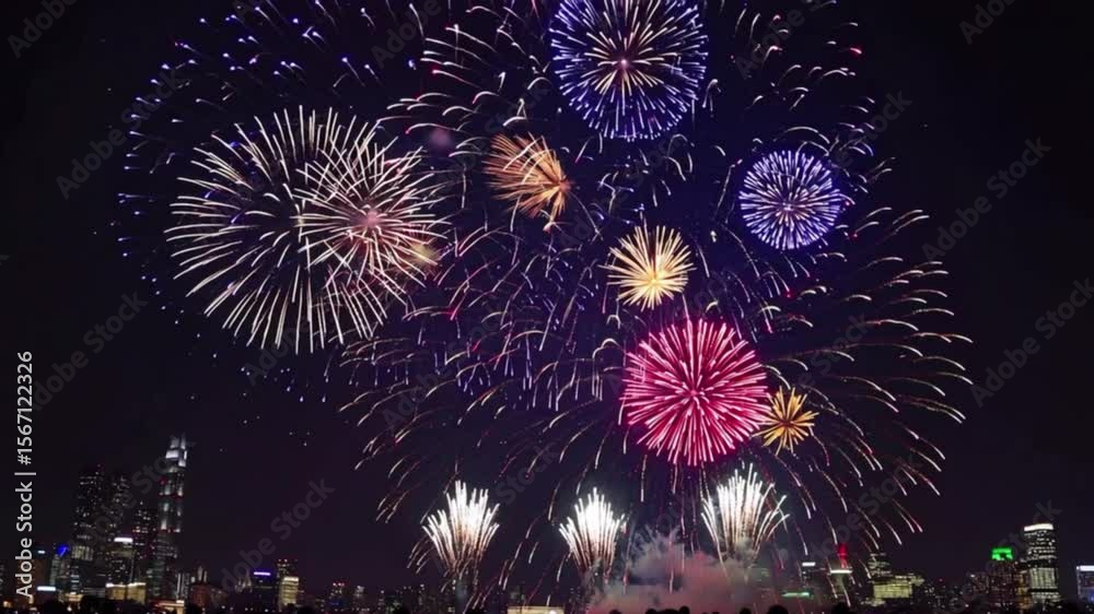 New Year fireworks lighting up the night sky over city skyline