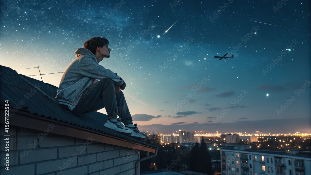 Fototapeta premium Boy sits on a rooftop gazing at the night sky filled with stars, a passing airplane, and a shooting star