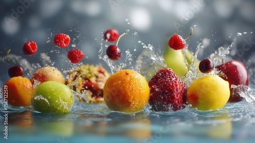 Fresh fruits splashing in water healthy eating refreshing summer fruits fruit juice vitamin c
