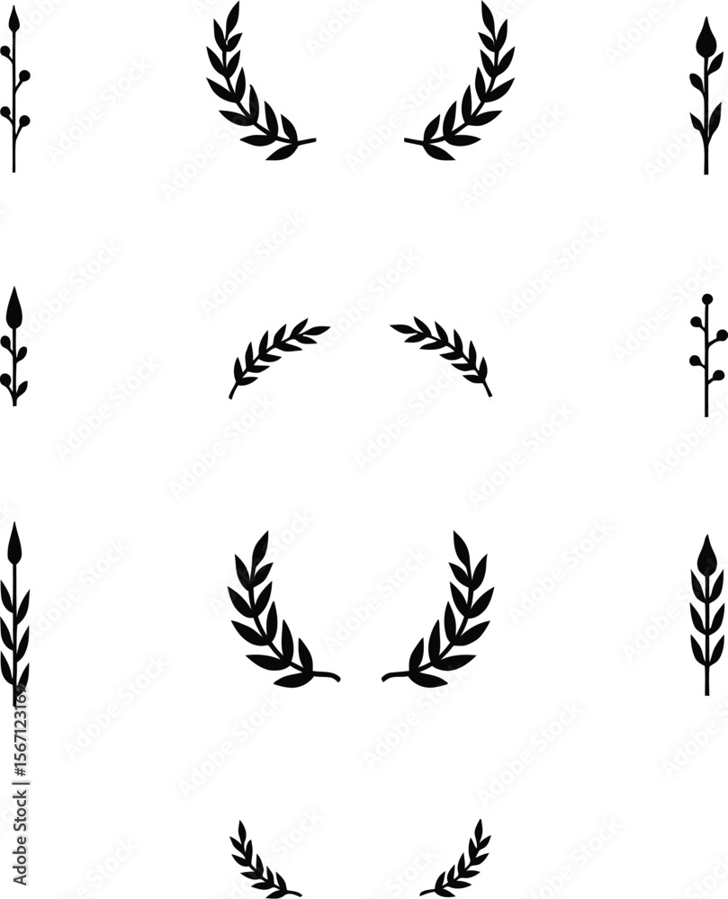 Fototapeta premium Collection of simple black silhouette plant and leaf designs