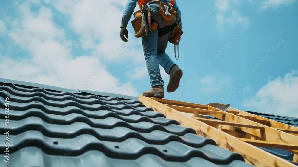 Worker installing tiles on a steep roof under a clear blue sky during a sunny day