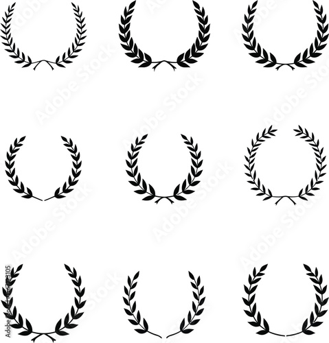 Nine black silhouette laurel wreaths design elements