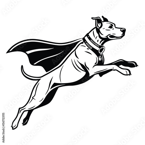 Dynamic Canine Superhero Leaping into Action A Bold Black and White Illustration of Power and Determination