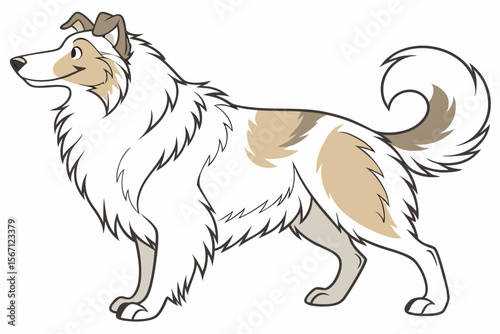 Cartoon Collie Dog Breed Illustration Graceful Canine with Flowing Fur and Curled Tail Standing Proudly on White Background