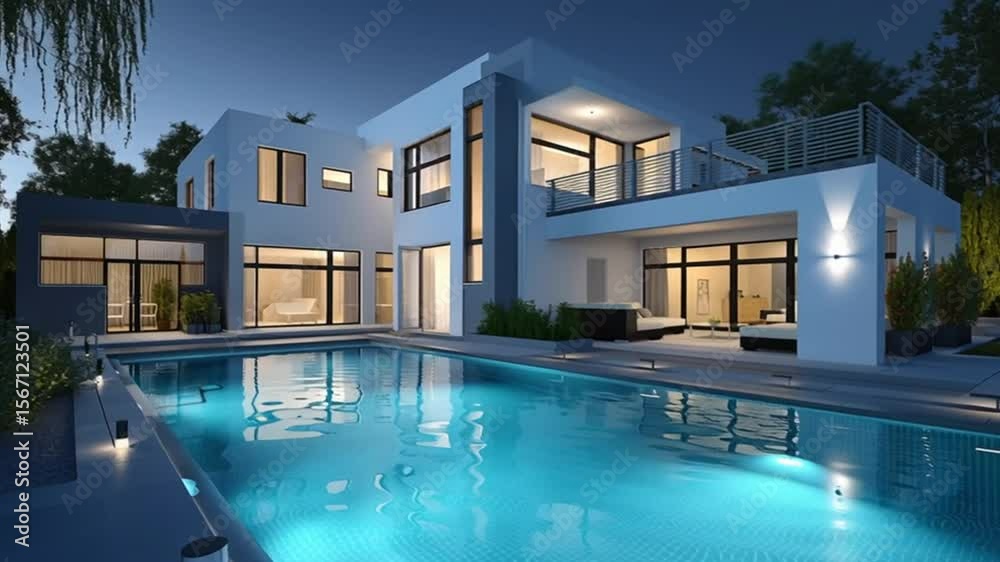Mansion  blanca contemporanea de lineas rectas, dos plantas, porche y salida a la piscina, en finca individual de noche