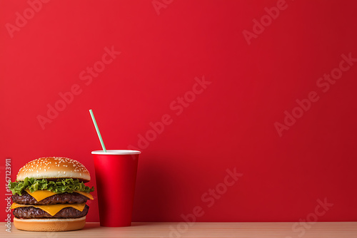 Delicious double cheeseburger with lettuce and a red soft drink cup with straw against a vibrant red background on a wooden table.