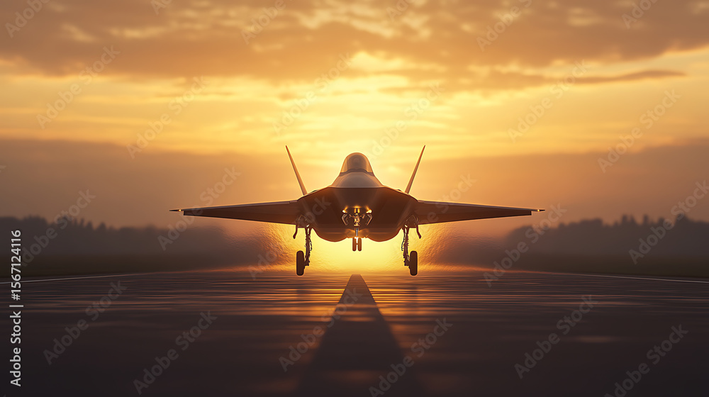 Fototapeta premium Silhouetted fighter jet is shown at sunrise or sunset on runway. The jet is centered with sun in background.