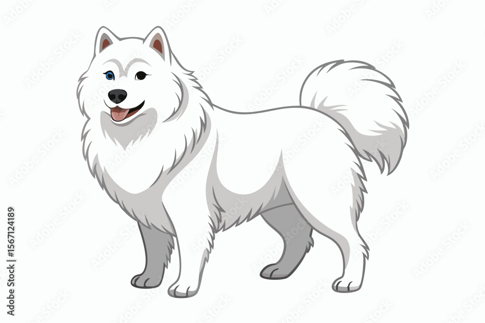 Fototapeta premium Delightful Samoyed Dog Illustration Showing a Canine with a Smiling Expression and Different Colored Eyes Standing Cheerfully on a White Background