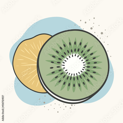 Stylized Kiwi Fruit Illustration Two Cross Sections Tropical and Subtropical Fruity Snack Healthy Eating Refreshing and Eye Catching