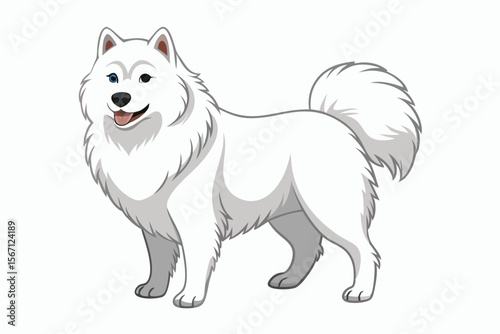 Delightful Samoyed Dog Illustration Showing a Canine with a Smiling Expression and Different Colored Eyes Standing Cheerfully on a White Background
