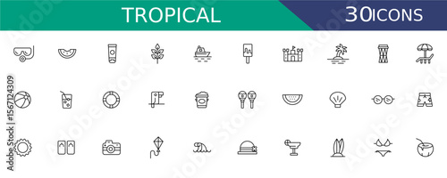 Tropical Vacation Icons Vector Set. Summer Beach Line Style Symbols for Island Travel, Sun, Fun, Travel Concepts and Leisure Activities.