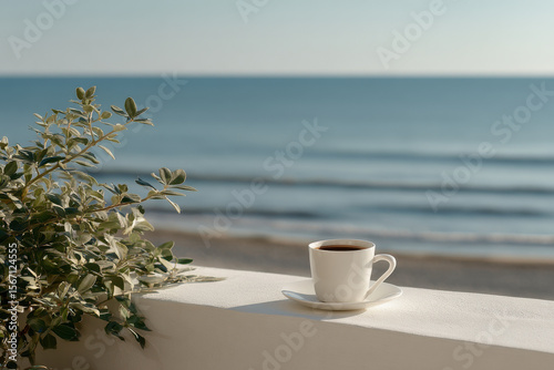 A serene morning scene featuring a steaming cup of coffee on a terrace overlooking the calm sea. 