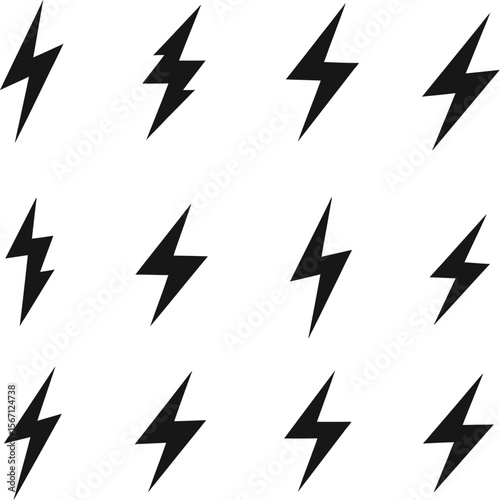 Twelve black lightning bolt silhouettes on white