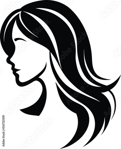 Female Silhouette Profile with Long Hair in Black and White Vector Art