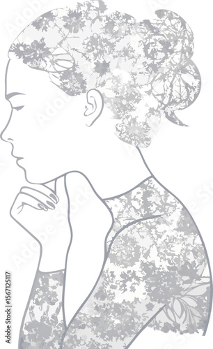 Female Silhouette Profile with Long Hair in Black and White Vector Art