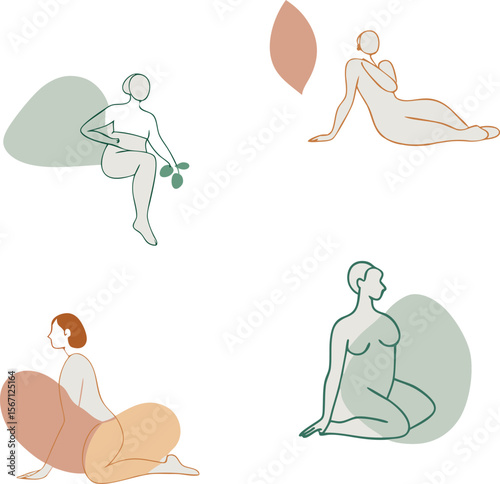 Minimalist Line Art of Women in Relaxing Poses with Abstract Shapes – Modern Feminine Illustration