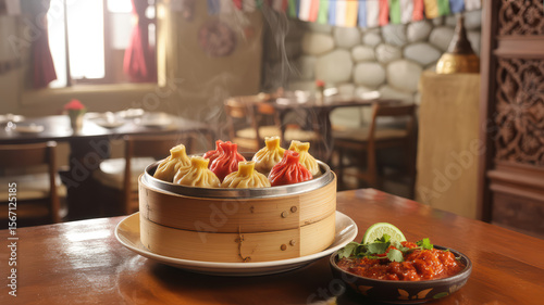 Wallpaper Mural A bamboo steamer filled with hot momo dumplings and spicy tomato chutney on the side Torontodigital.ca