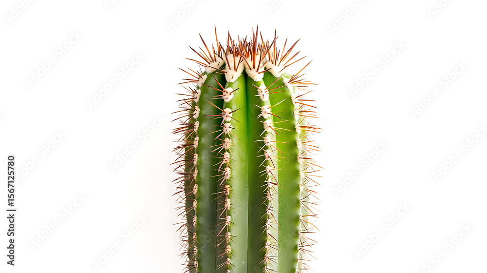 Naklejka premium A tall, segmented, columnar cactus with sharp brown spines along its ribs, set against a clean, bright white backdrop. The cactus is green and robust.