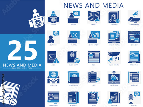 News and media dual tone icons set. contain anchor, journalist, article, channel, interview, issue, note, magazine, banner, feed and more. Vector for UI, UX kit, web and app journalism, broadcasting.